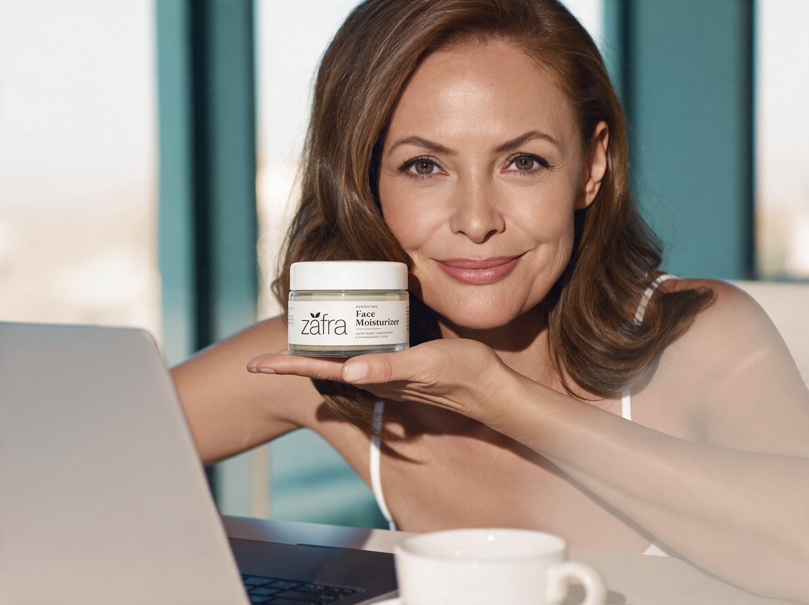Smiling woman at her desk at midday holding the Zafra moisturizer jar