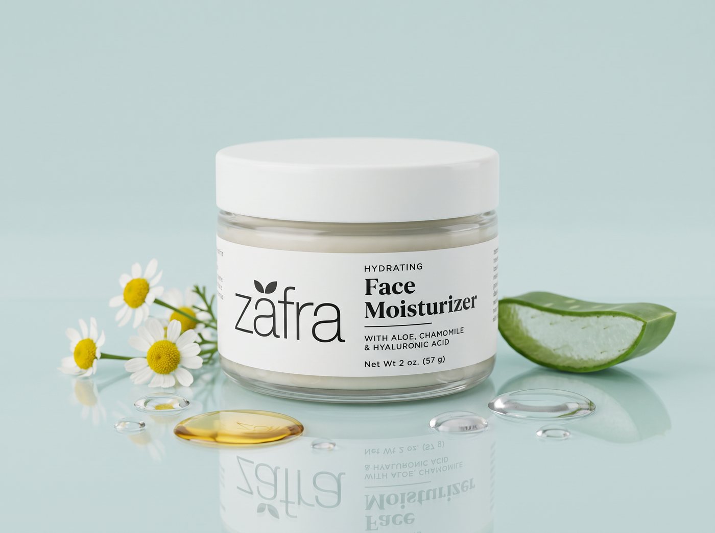 Zafra moisturizer jar with chamomile flowers, aloe vera, an oil drop and water droplets