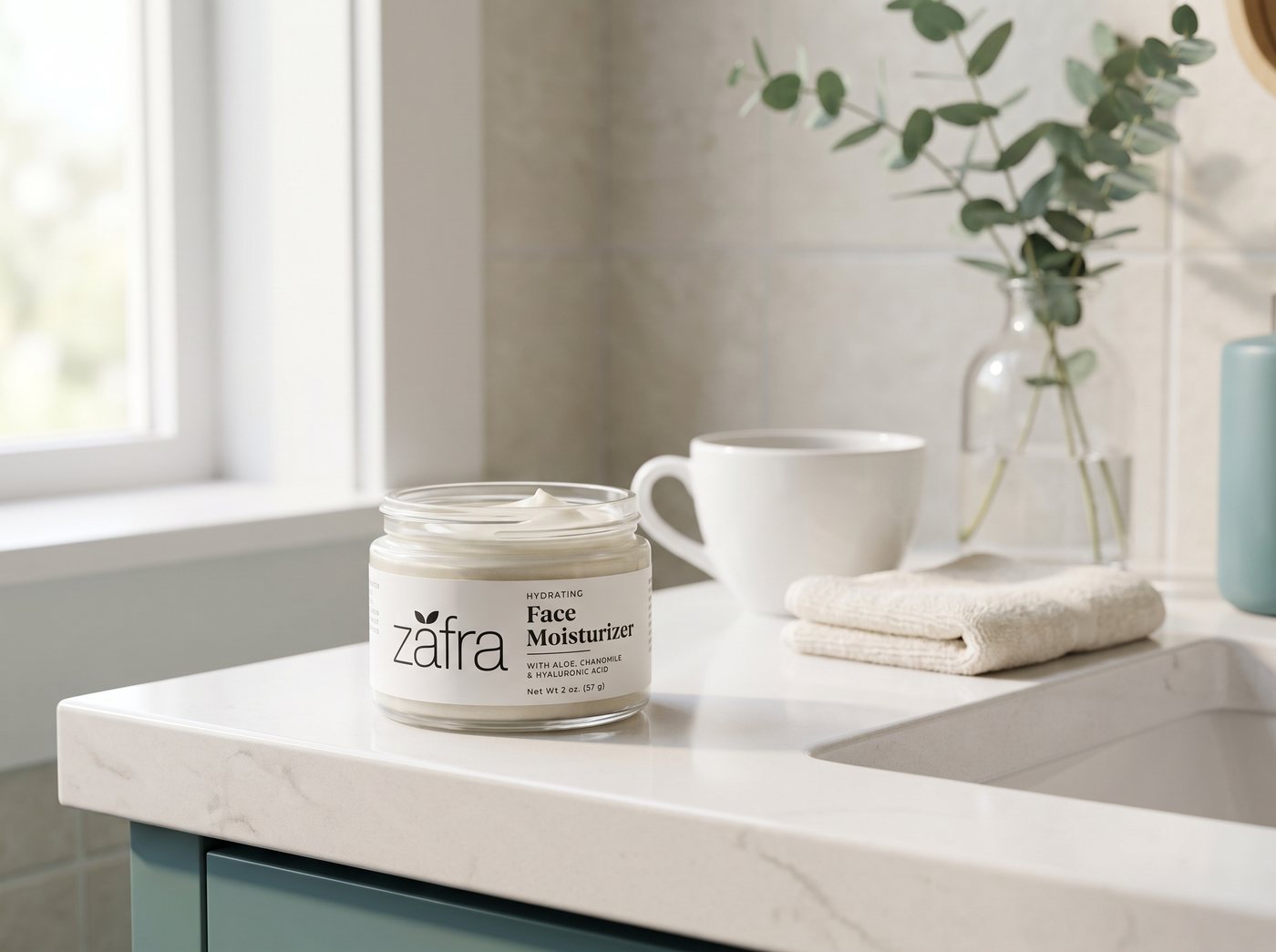 Zafra moisturizer on a bright bathroom vanity in morning light